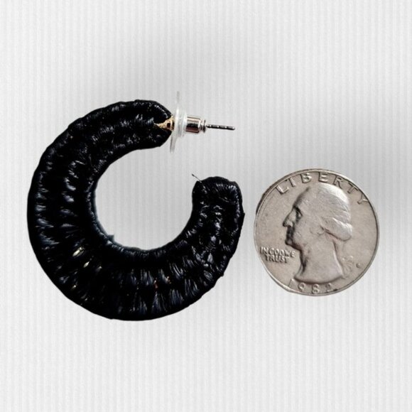 Nordstrom‎ Elegant Black Braided Raffia Hoop Earrings Boho Chic Style NWT - Picture 3 of 4
